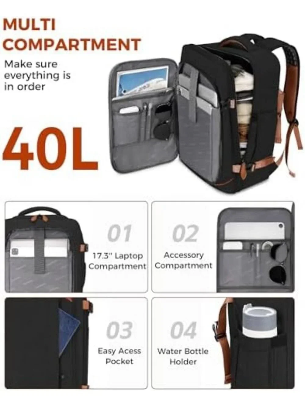 40L Flight Approved Travel Backpack for Men, Durable Carry-On Bag with Multiple